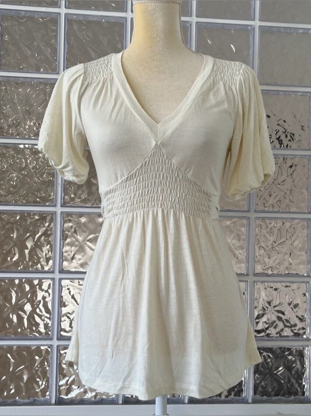 GUESS Cream V-Neck Smocked Empire Tunic Top